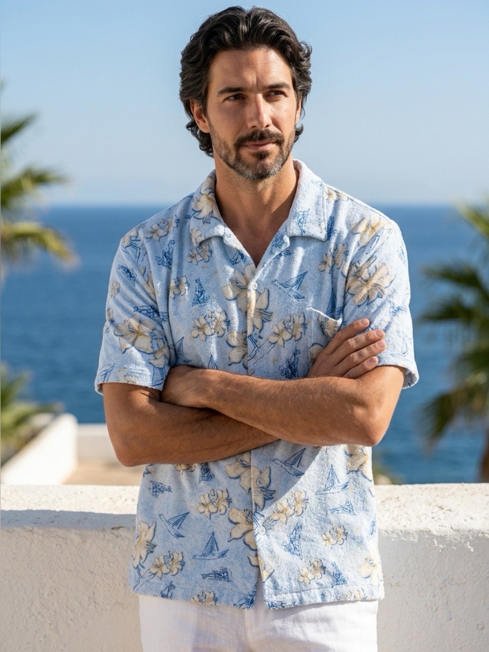 Men's Light Blue Tropical Short-Sleeve Shirt - M
